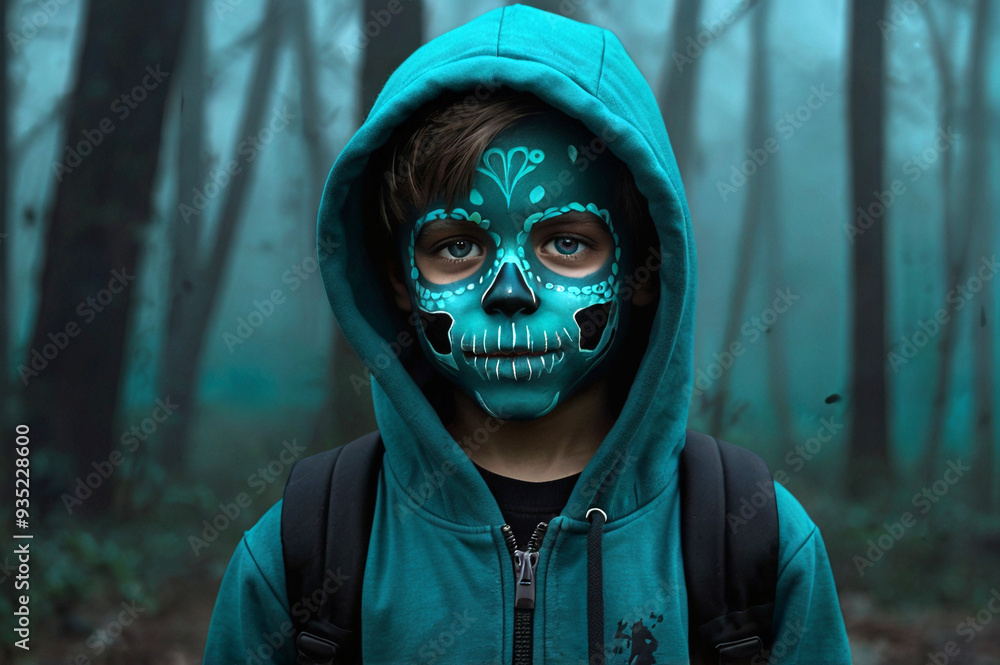 Portrait of Fictional Boy with Scary White Skull Mask and Blue Hoodie - Dark Fantasy Art Portrait of Fictional Boy with Scary White Skull Mask and Blue Hoodie - Dark Fantasy Art
