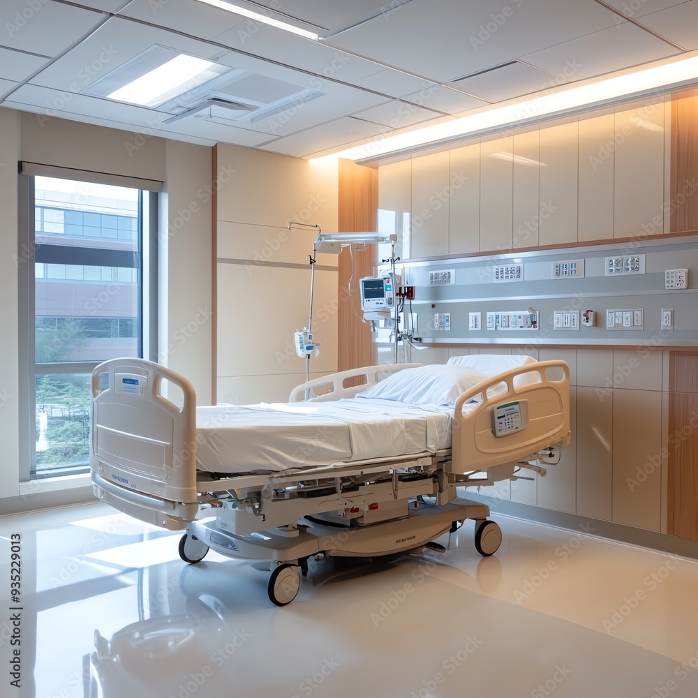 Vertical shot of a hospital delivery room with an empty bed and vacant baby warmer Vertical shot of a hospital delivery room with an empty bed and vacant baby warmer