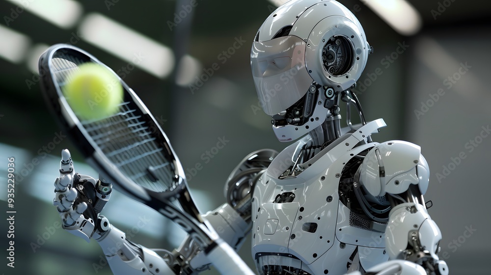 Fototapeta premium Robot Tennis Player Serving: An advanced robot in perfect form, serving a tennis ball with precision and power. 