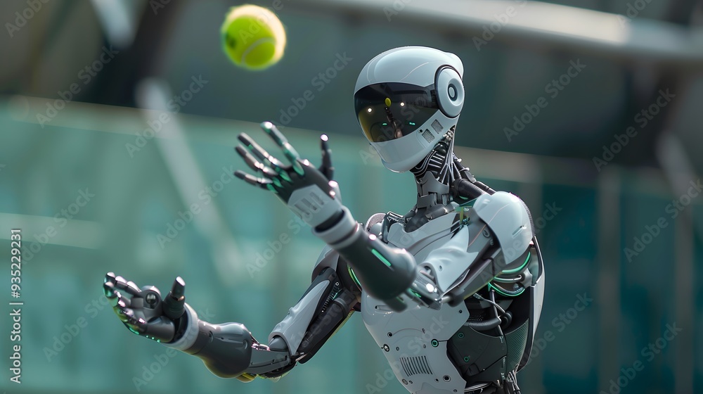 Robot Tennis Player Serving: An advanced robot in perfect form, serving a tennis ball with precision and power.
Robot Tennis Player Serving: An advanced robot in perfect form, serving a tennis ball with precision and power.