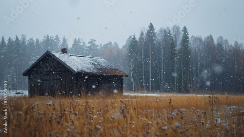 A solitary barn rests on the damp fields under a heavy autumn snowfall. photo