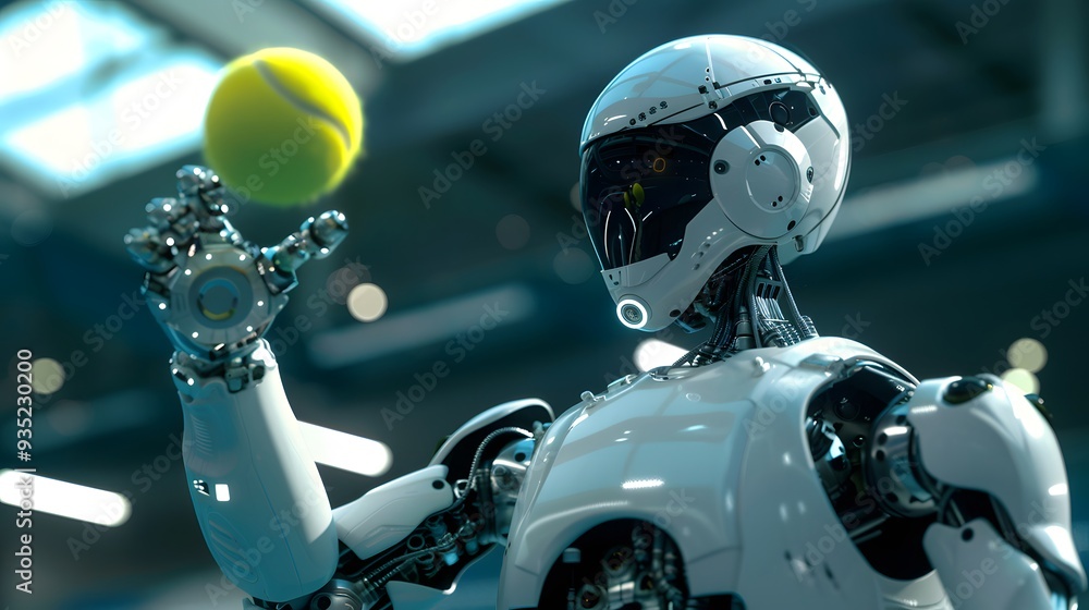 Robot Tennis Player Serving: An advanced robot in perfect form, serving a tennis ball with precision and power.
Robot Tennis Player Serving: An advanced robot in perfect form, serving a tennis ball with precision and power.
