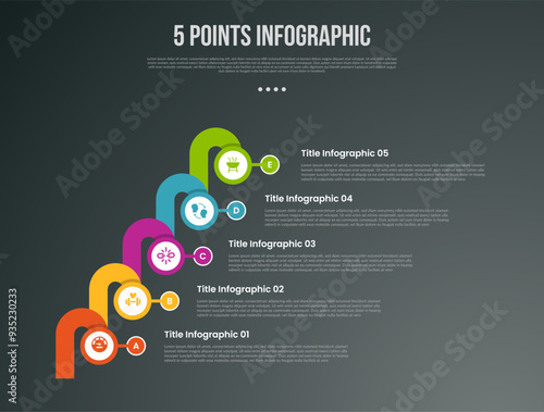 5 points or step process infographic with creative circle waterfall or stair way structure with modern dark style for slide presentation