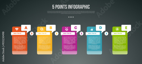 5 points or step process infographic with creative table shape with badge callout commentary box with modern dark style for slide presentation