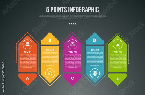 5 points or step process infographic with creative rectangle box with arrow up and down direction with modern dark style for slide presentation