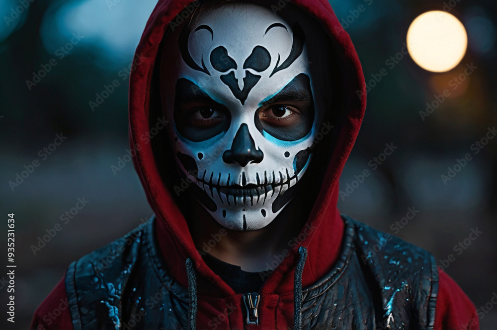 Potrait of Fictional Boy with Scary White Skull Mask and Red Hoodie Potrait of Fictional Boy with Scary White Skull Mask and Red Hoodie