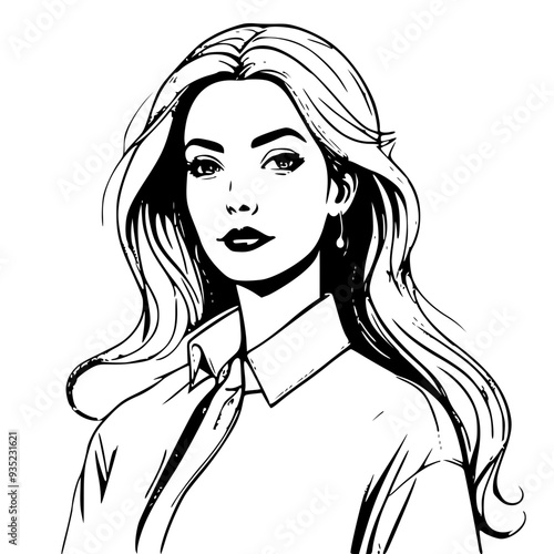 A girl, in white in the style of Comic Illustration. The background is blue, light red and white, creating a beautiful composition. creates harmony and serenity. smiling to herself
