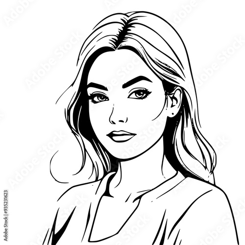 A girl, in white in the style of Comic Illustration. The background is blue, light red and white, creating a beautiful composition. creates harmony and serenity. smiling to herself