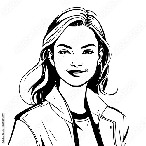 A girl, in white in the style of Comic Illustration. The background is blue, light red and white, creating a beautiful composition. creates harmony and serenity. smiling to herself