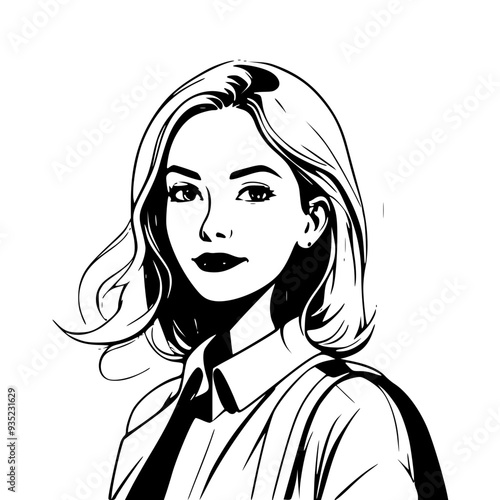 A girl, in white in the style of Comic Illustration. The background is blue, light red and white, creating a beautiful composition. creates harmony and serenity. smiling to herself