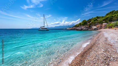 Obraz na płótnie Gravel beach with a lagoon of the turquoise sea and an anchored catamaran boat w salonie