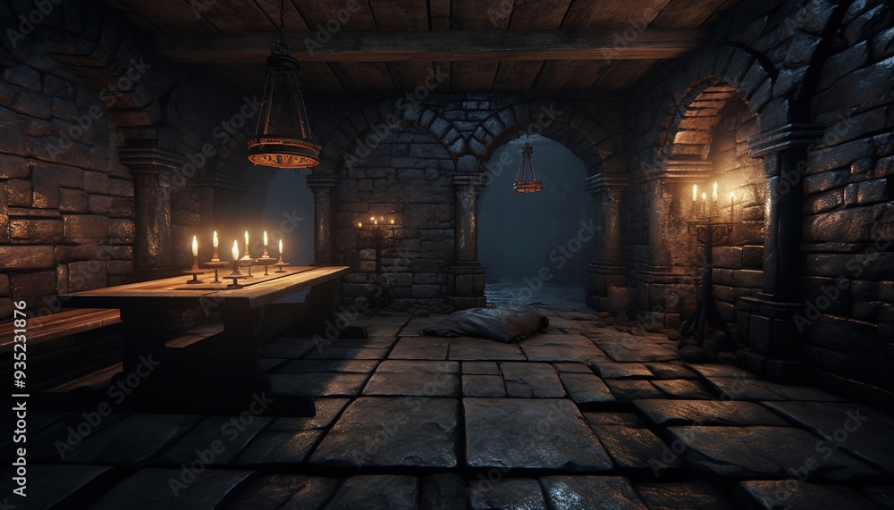 Fototapeta premium A dark dungeon cell with a single long wooden table in the center, a door at its end, and iron bars on both sides. 