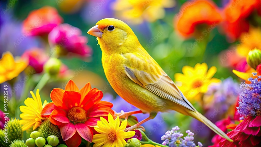 Vibrant canary amidst colorful flowers, bold composition, saturated colors, graphic lines, playful atmosphere, joyful mood, whimsical feel, celebratory setting. Vibrant canary amidst colorful flowers, bold composition, saturated colors, graphic lines, playful atmosphere, joyful mood, whimsical feel, celebratory setting.