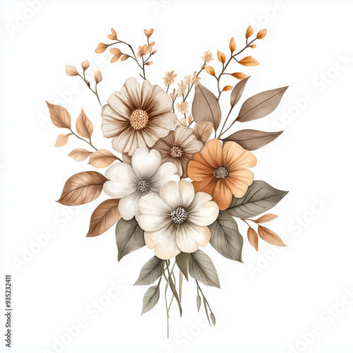 hand draw watercolor realistic bouquet fall flower, white background illustration, light brown and white, muted colors,fall colors flowers