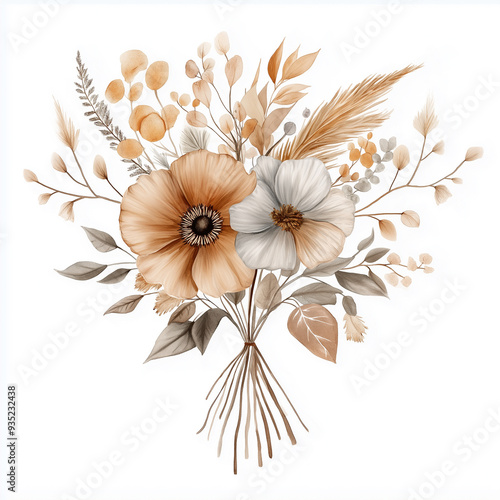 hand draw watercolor realistic bouquet fall flower, white background illustration, light brown and white, muted colors,fall colors flowers
