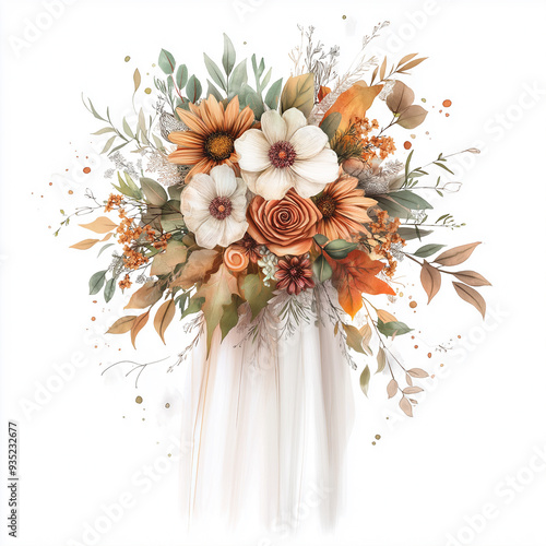 hand draw watercolor realistic bouquet fall flower, white background illustration, light brown and white, muted colors,fall colors flowers
