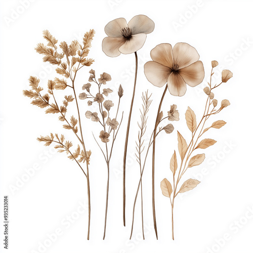 hand draw watercolor realistic bouquet fall flower, white background illustration, light brown and white, muted colors,fall colors flowers