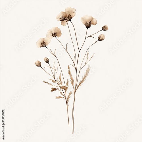 hand draw watercolor realistic bouquet fall flower, white background illustration, light brown and white, muted colors,fall colors flowers