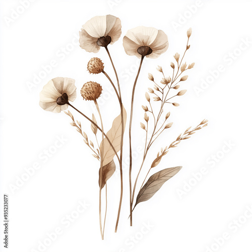 hand draw watercolor realistic bouquet fall flower, white background illustration, light brown and white, muted colors,fall colors flowers