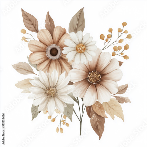 hand draw watercolor realistic bouquet fall flower, white background illustration, light brown and white, muted colors,fall colors flowers