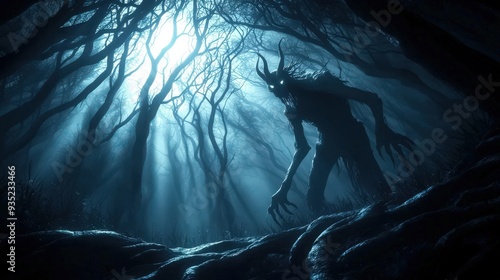 A demon figure standing in a dark forest, with moonlight filtering through the trees and casting eerie shadows