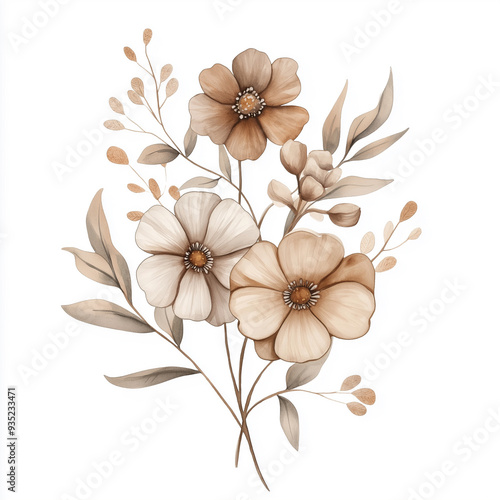 hand draw watercolor realistic bouquet fall flower, white background illustration, light brown and white, muted colors,fall colors flowers