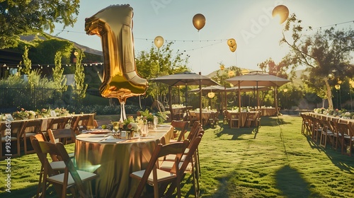 Outdoor garden party setup with a giant number 1 balloon tied to a chair, with tables set for celebration and a clear sunny sky