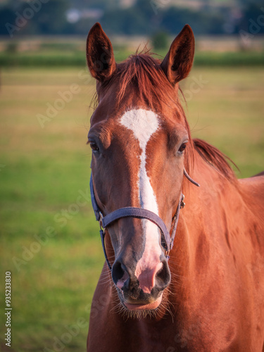 Powerful beautiful brown horse standing on pasture. A beautiful portrait of a horse.