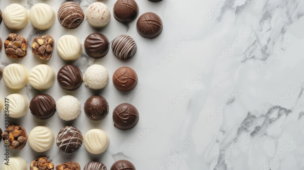 Top View of Elegant Assortment of Fine Chocolate Candies on Marble Background Top View of Elegant Assortment of Fine Chocolate Candies on Marble Background