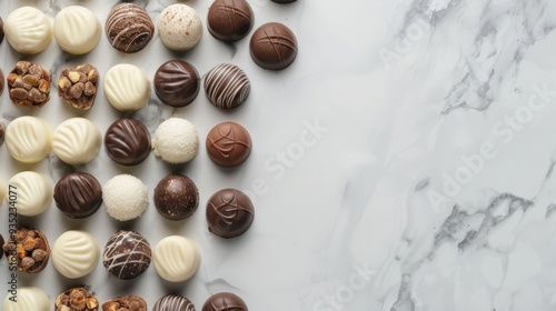 Top View of Elegant Assortment of Fine Chocolate Candies on Marble Background