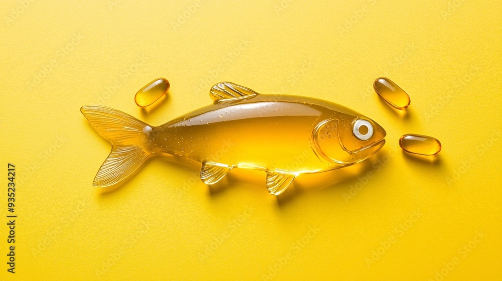 Fototapeta premium Yellow backdrop featuring fish-shaped capsules filled with aquatic oil.