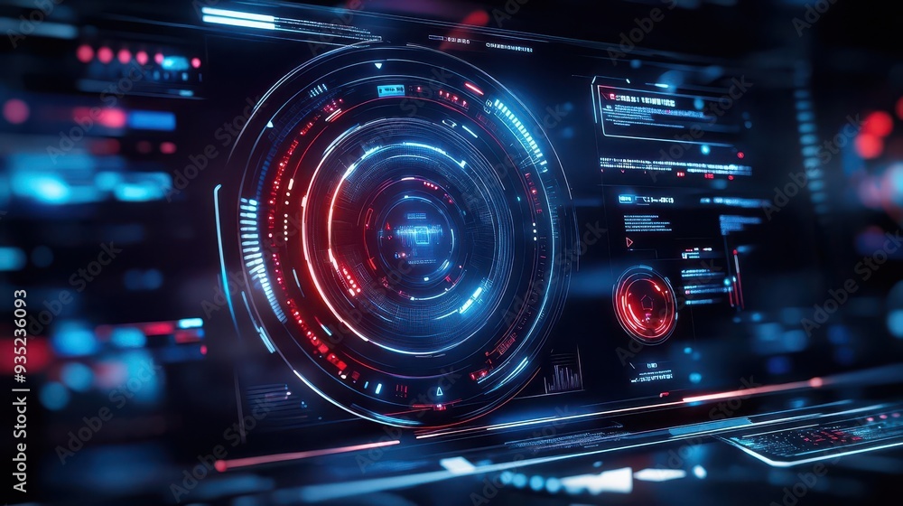 Fototapeta premium Futuristic digital interface with glowing red and blue circles, lines, and data.