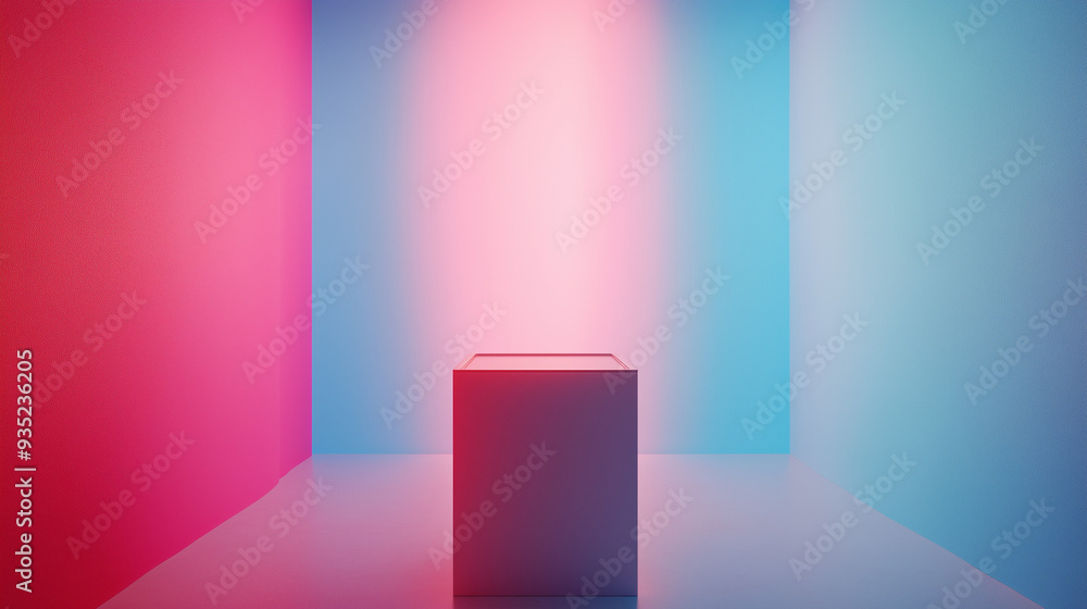A central pedestal stands in an art studio, surrounded by vibrant pink and blue lighting that creates a striking atmosphere, accentuating the minimalism of the space, copy space A central pedestal stands in an art studio, surrounded by vibrant pink and blue lighting that creates a striking atmosphere, accentuating the minimalism of the space, copy space