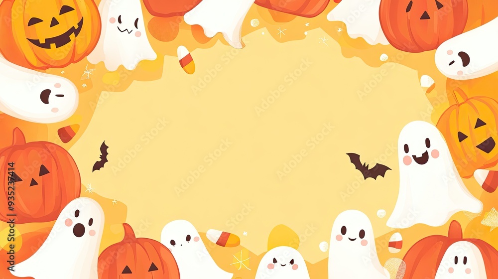 Fototapeta premium A cute Halloween background with smiling pumpkins, candy corn, and friendly ghosts around a blank copy space.