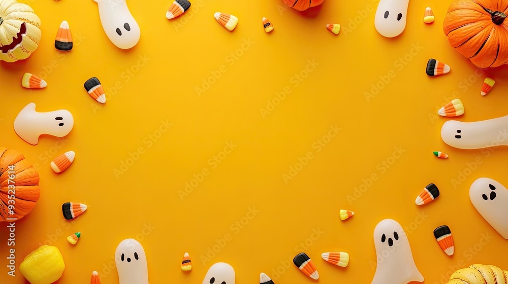Fototapeta premium A cute Halloween-themed background with pumpkins, ghosts, and candy corn scattered around empty copy space in the center.