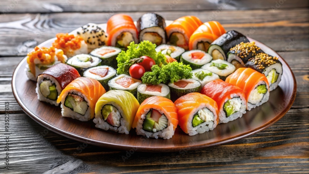Plate of assorted sushi rolls, sushi, plate, Japanese cuisine, raw fish, sashimi, maki, nigiri, soy sauce, chopsticks Plate of assorted sushi rolls, sushi, plate, Japanese cuisine, raw fish, sashimi, maki, nigiri, soy sauce, chopsticks