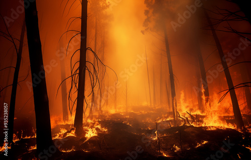 The forest is under threat from a severe wildfire, posing a danger to the ecosystem and jeopardizing the plant life. Significant environmental hazard to the flora and overall environment photo