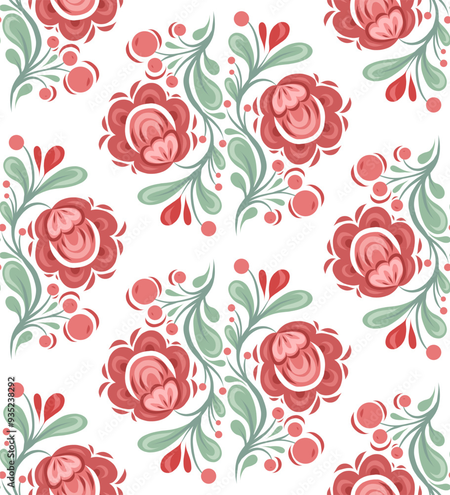 Decorative vector Slavic pattern with red flowers. Folk floral textile. National surface design with poppies and foliage Decorative vector Slavic pattern with red flowers. Folk floral textile. National surface design with poppies and foliage