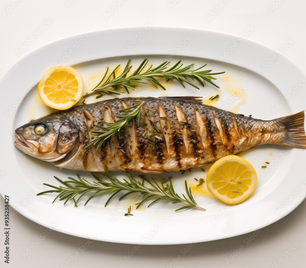 Delicious Grilled Fish with Lemon and Rosemary. The fish is cooked to a golden perfection, with crispy skin and flaky white flesh. The lemon slices add a zesty touch Delicious Grilled Fish with Lemon and Rosemary. The fish is cooked to a golden perfection, with crispy skin and flaky white flesh. The lemon slices add a zesty touch
