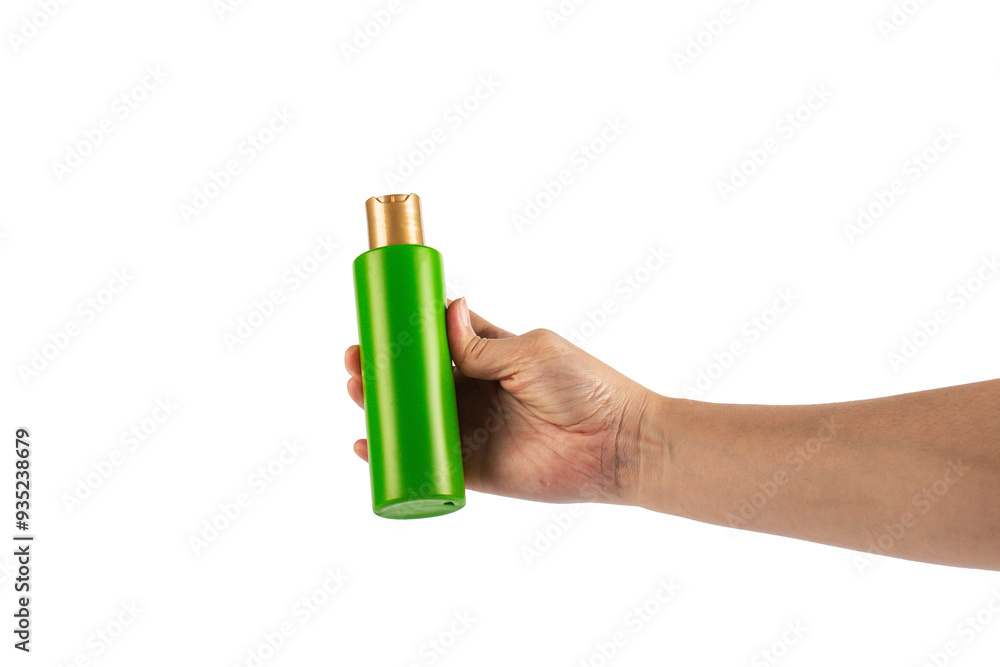 Green shampoo bottle in hand isolated on transparent background Green shampoo bottle in hand isolated on transparent background