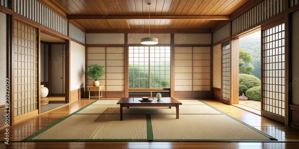 Fototapeta premium Minimalist traditional Japanese living room with tatami flooring and sliding shoji doors , serene, Zen