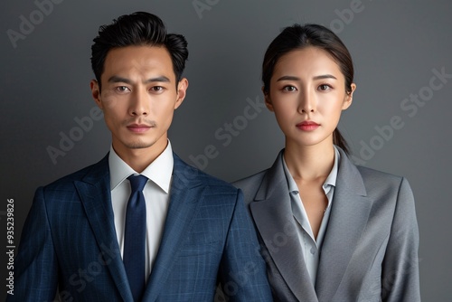 Professional portrait of a youthful, attractive male executive alongside an experienced Asian female leader set against a neutral backdrop.