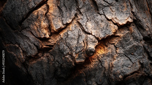 Close-Up of Textured Tree Bark Illuminated by Warm Sunlight