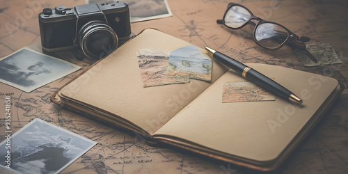 Travel journal open with pen and postcards photo