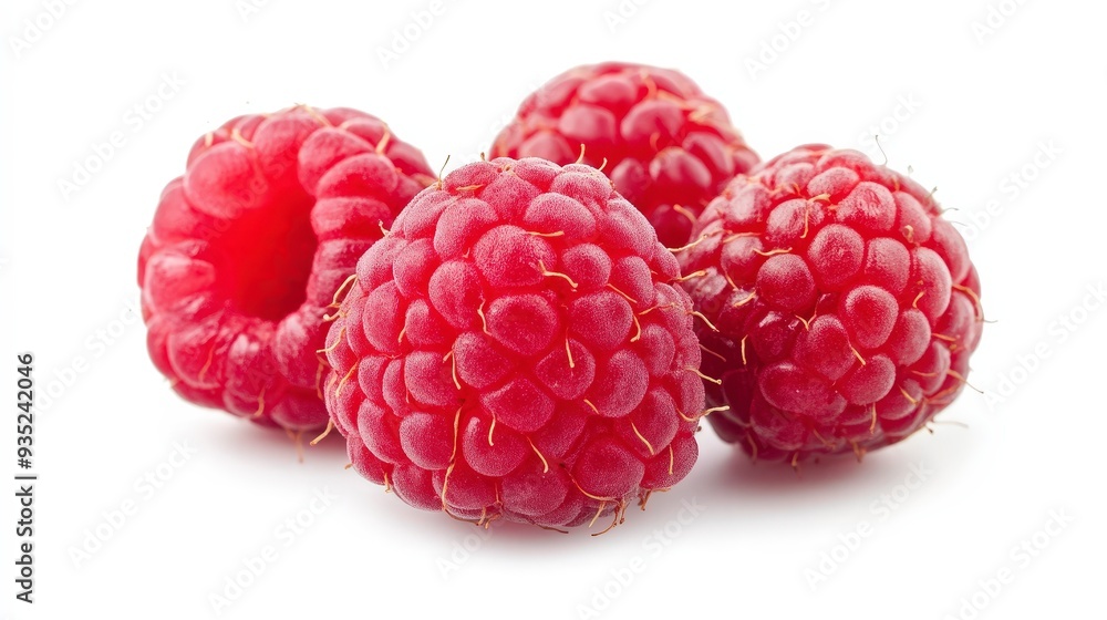 Four ripe red raspberries isolated on white background. Four ripe red raspberries isolated on white background.