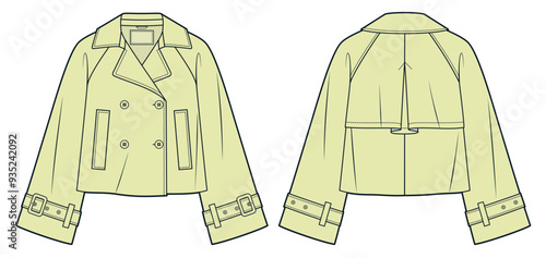 Trench Coat technical fashion Illustration. Cropped Trench Coat fashion flat technical drawing template, double-breasted, pockets, front and back view, white, yellow, women, men, unisex CAD mockup.