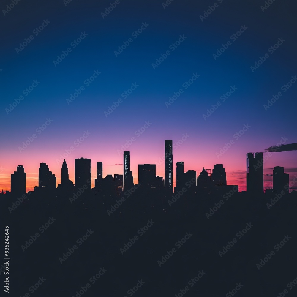 Silhouette of a city skyline at dusk, with the buildings' outlines standing starkly against the twilight sky, representing urban life and beauty Silhouette of a city skyline at dusk, with the buildings' outlines standing starkly against the twilight sky, representing urban life and beauty