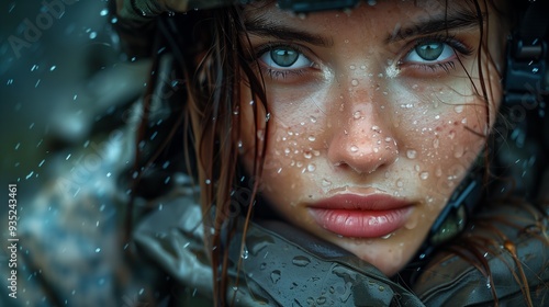 Intense Close-Up of Soldier’s Face in Rainy Environment With Determined Expression