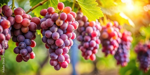 A close-up shot of a bunch of ripe red grapes on a vine , grapes, fruit, vineyard, harvest, agriculture, fresh, organic