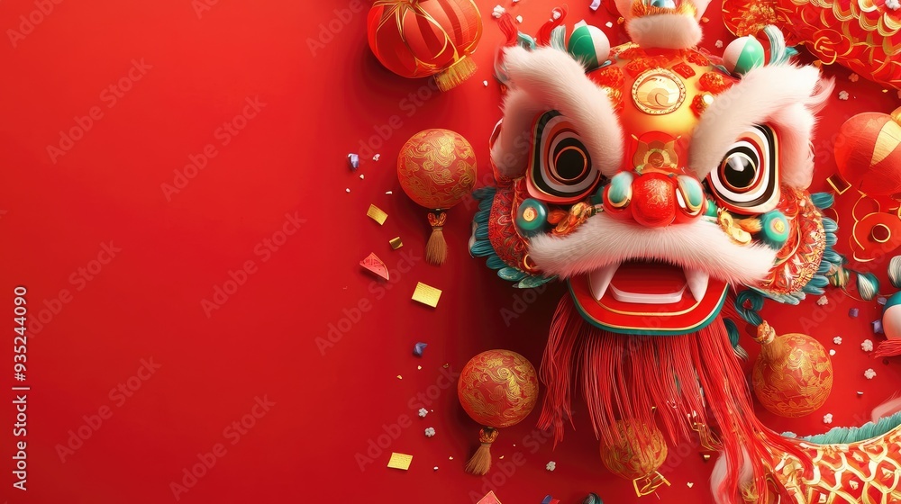 Fototapeta premium A vibrant Chinese New Year scene with dragon dance elements, leaving a clear area for text or greetings.